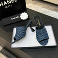 PEEP TOE MULE 85MM IN BLUE DENIM CHECKERED AND LOGO