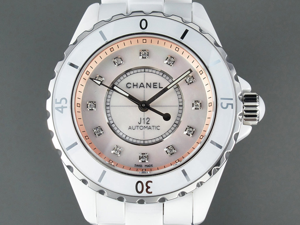 J12 Automatic White Ceramic Diamond Numerals Pink Mop Dial