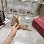 GG HEELED SANDALS 95MM IN DARK BEIGE CANVAS WITH GOLD HARDWARE