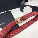 DOUBLE CC 30MM STRETCH BELT IN RED CALFSKIN GOLD CHAIN BUCKLE CRYSTAL LOGO