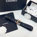 DOUBLE CC 30MM STRETCH BELT IN BLACK CALFSKIN WITH GOLD CHAIN BUCKLE CRYSTAL DETAIL