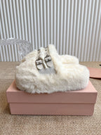 MULES IN WHITE RABBIT FUR SILVER HARDWARE