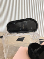 MULES IN BLACK RABBIT FUR SILVER HARDWARE