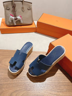 HM 25S HIGH WEDGE SANDALS IN DARK STEEL BLUE LAMBSKIN STYLE 18