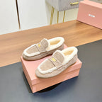 LOAFERS IN BEIGE SUEDE AND WHITE SHEARLING TRIM