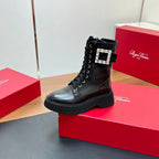 VIV' RANGERS STRASS BUCKLE BOOTS IN BLACK CALFSKIN EMBELLISHED BUCKLE