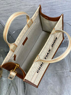 Medium Book Tote 37 Beige Oblique Embroidered Raffia Camel Calfskin
