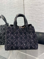 MEDIUM 28 TOUJOURS BAG IN BLACK MIX WHITE CANNAGE TWEED WITH GOLD HARDWARE