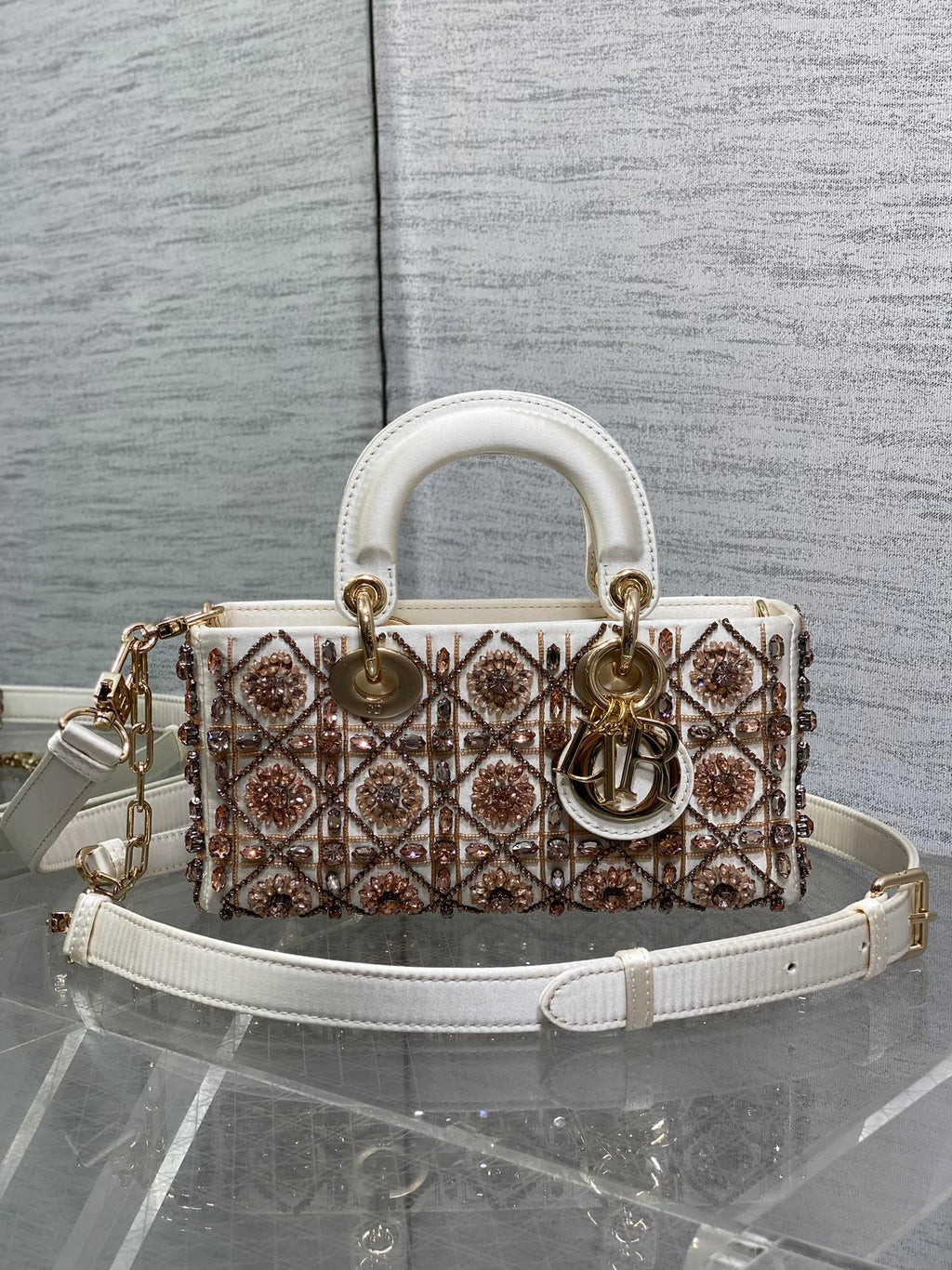 MINI 22 LADY BAG IN WHITE SATIN WITH COLORFUL EMBROIDERED BEADWORK
