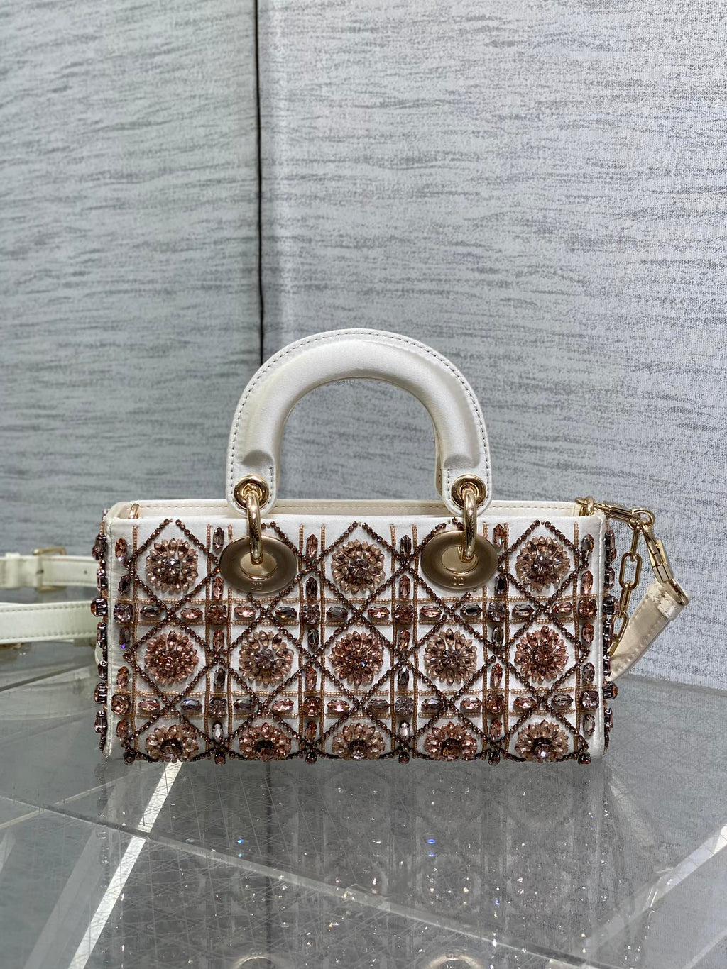 MINI 22 LADY BAG IN WHITE SATIN WITH COLORFUL EMBROIDERED BEADWORK