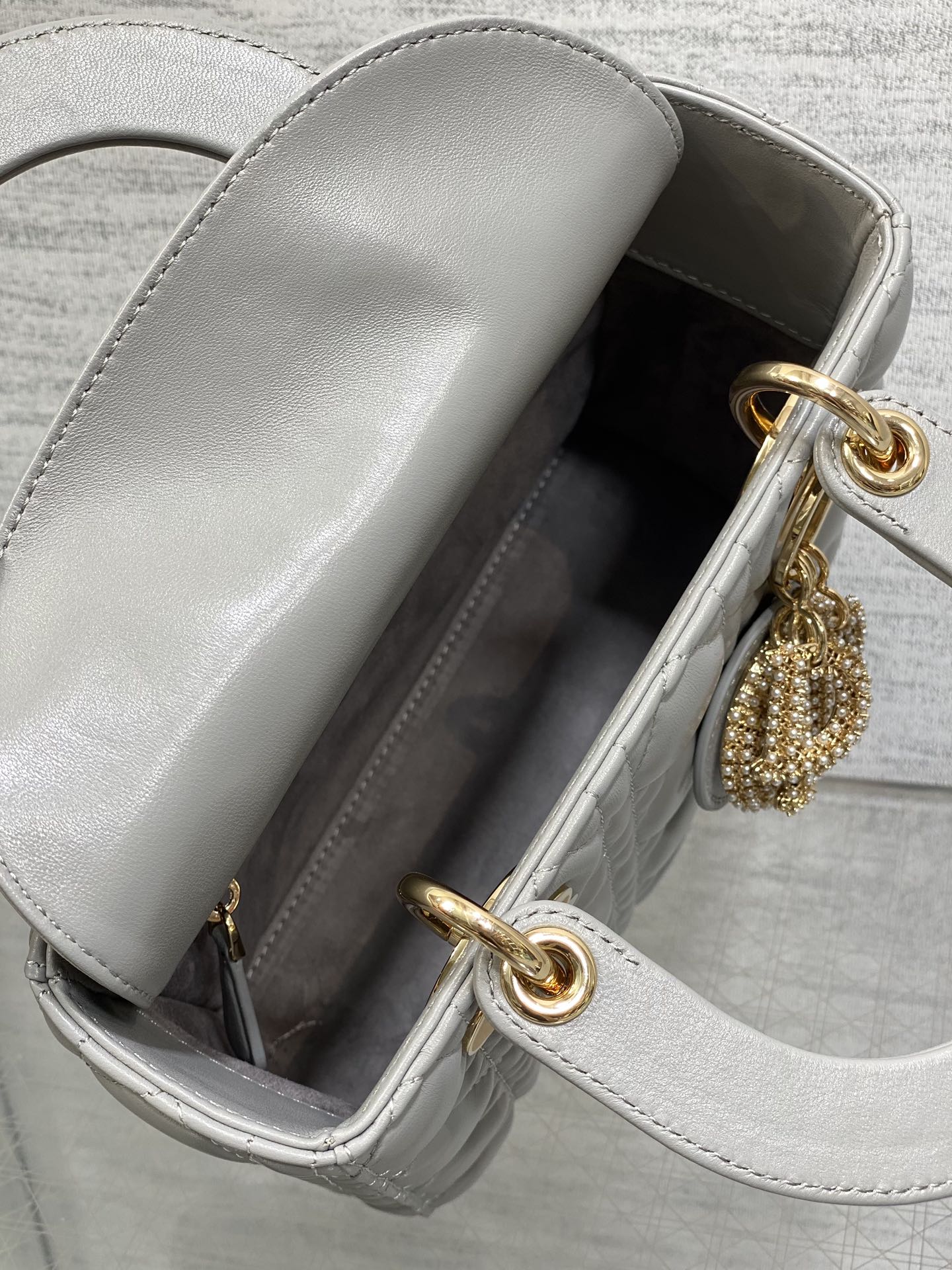 DIOR 25S LADY DIOR BAG 20 IN DARK GRAY CALFSKIN CHARM PEARL EMBELLISHMENTS