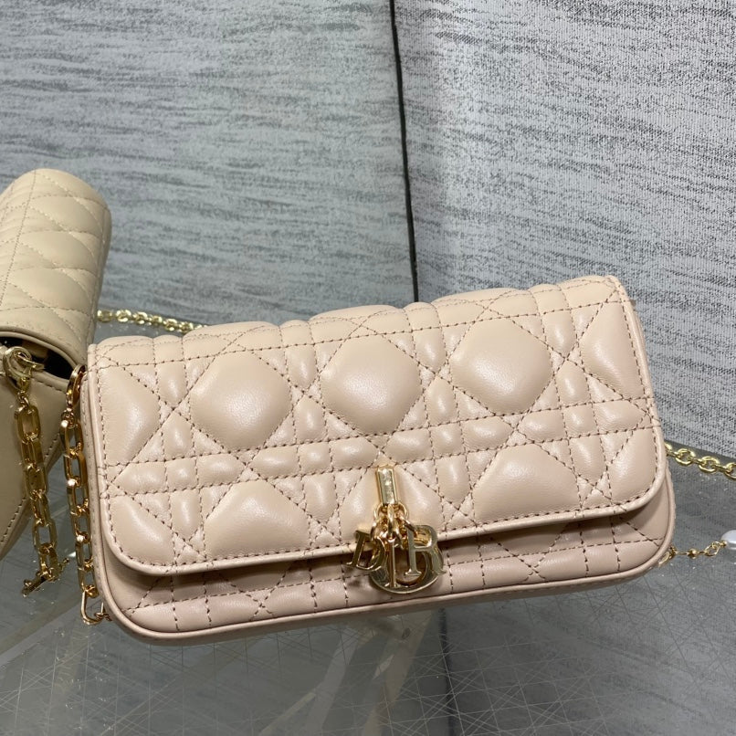 DIOR 25S DIOR TALK PHONE POUCH 18 IN LIGHT IVORY CANNAGE LAMBSKIN