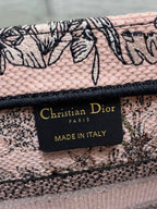 DIOR 25S LUCKY SMALL DIOR BOOK TOTE 26 IN PINK MULTICOLOR DIOR FLOWERS CALENDAR ALLOVER EMBROIDERY