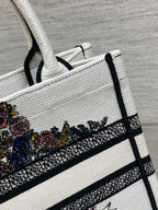 DIOR 25S LUCKY SMALL DIOR BOOK TOTE 26 IN WHITE MULTICOLOR DIOR STAR EMBROIDERY