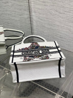 DIOR 25S LUCKY SMALL DIOR BOOK TOTE 26 IN WHITE MULTICOLOR DIOR STAR EMBROIDERY