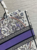 DIOR 25S LUCKY MEDIUM BOOK TOTE 36 IN WHITE AND PURPLE DIOR NIGHT OF DREAMS EMBROIDERY