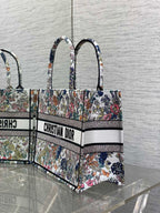 DIOR 25S LUCKY MEDIUM BOOK TOTE 36 IN MULTICOLOR COTTON FLOWERS CALENDAR ALLOVER EMBROIDERY