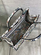 DIOR 25S LUCKY MEDIUM BOOK TOTE 36 IN MULTICOLOR COTTON FLOWERS CALENDAR ALLOVER EMBROIDERY