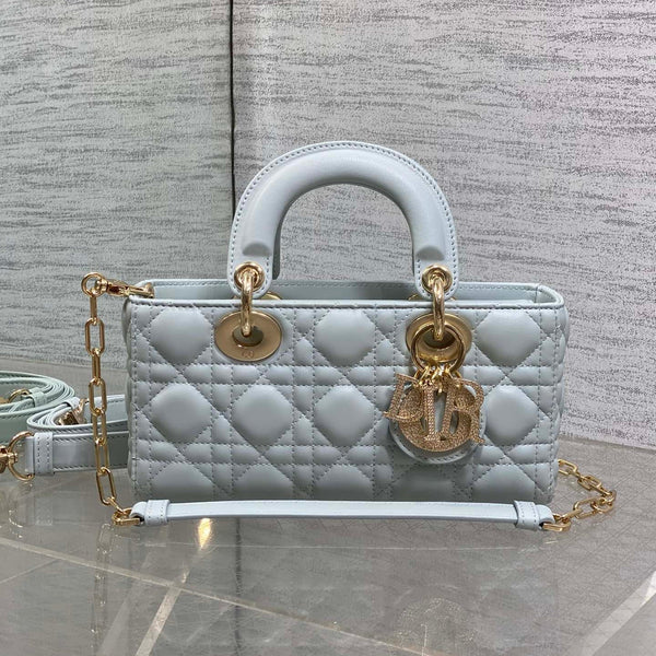 DIOR 25S SMALL LADY D‑JOY BAG 22 IN SHIRT BLUE CALFSKIN GOLD HARDWRE