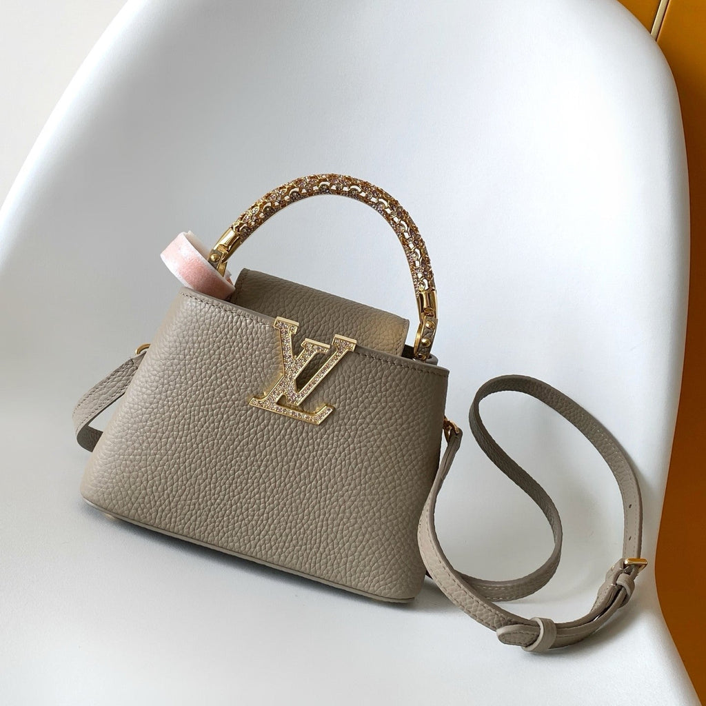 LV Capucines Mini Bedazzled Flower Handle Taupe Taurillon leather