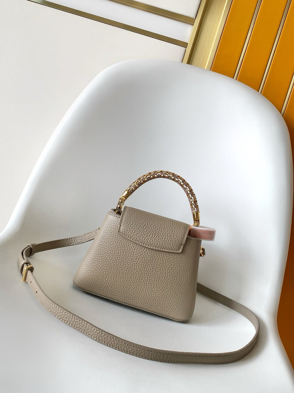 LV Capucines Mini Bedazzled Flower Handle Taupe Taurillon leather