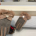 GLOVES WITH BOW IN HAZELNUT BEIGE MIX BLACK WOOL AND RABBIT FUR 453760