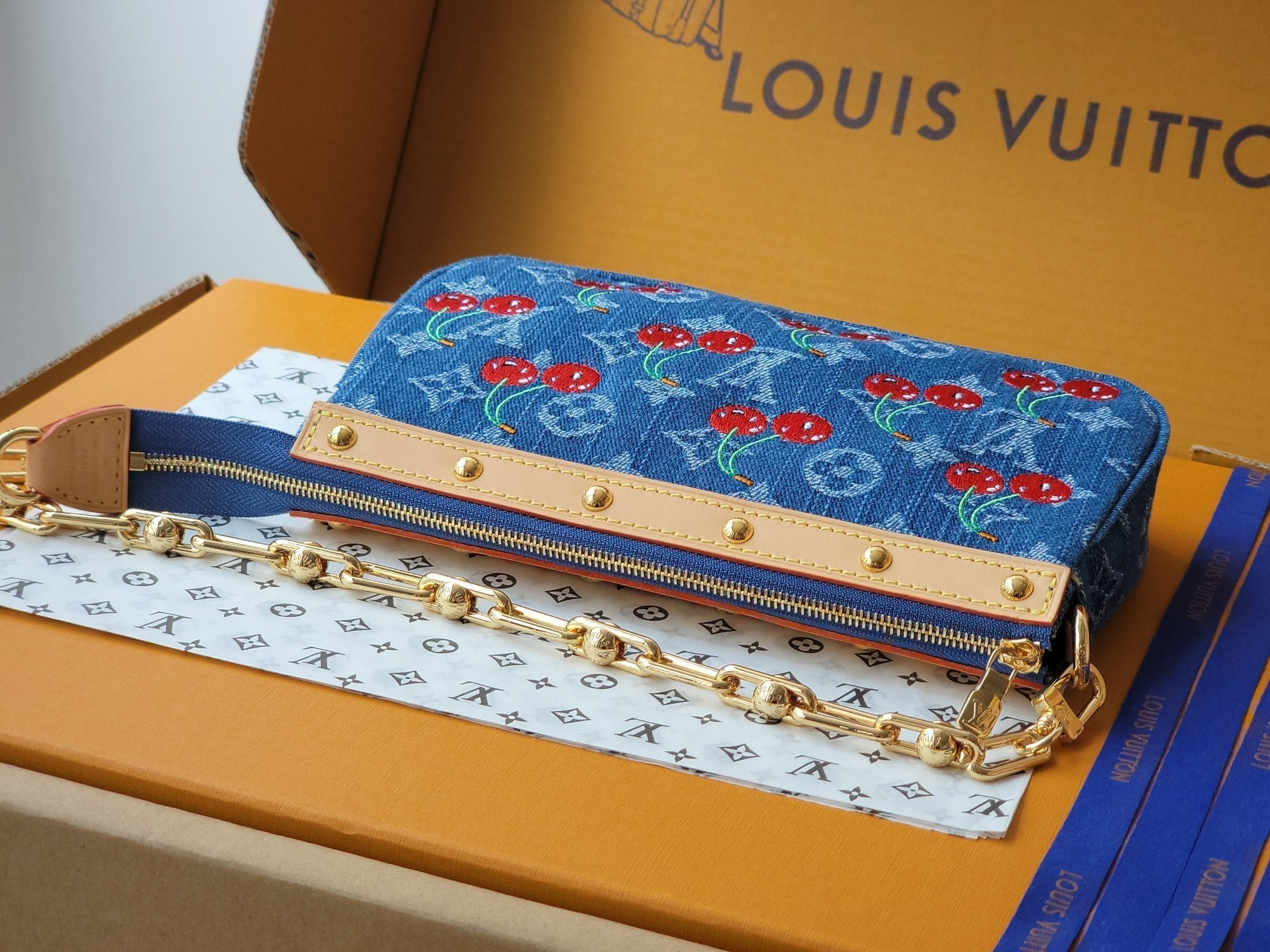 LV x TM M13994 Pochette Accessoires 22cm Blue Monogram Denim With Cherry Motif GHW