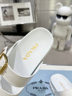 PRADA 25S STRAP SLIDES 30MM IN WHITE CALFSKIN GOLD HARDWARE