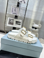 PRADA 25S STRAP SLIDES 30MM IN WHITE CALFSKIN GOLD HARDWARE
