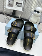 PRADA 25S STRAP SLIDES 30MM IN BLACK CALFSKIN GOLD HARDWARE