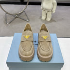 PRADA 25S THICK-SOLE LOAFERS 60 MM IN BEIGE SUEDE WITH GOLD HARDWARE