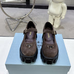 PRADA 25S PLATFORM MARY JANE SHOES IN DARK BROWN SUEDE