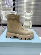 PRADA 25S ZIP-UP ANKLE BOOTS IN BEIGE SUEDE