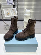 PRADA 25S WARRIOR BOOTS IN DARK BROWN SUEDE