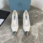 PRADA 25S METAL-CAPPED POINTED-TOE HIGH HEELS IN WHITE CALFSKIN