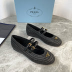 PRADA 25S BALLET FLAT IN BLACK RAFFIA AND CALFSKIN