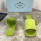 PRADA 25S TRIANGLE HEEL SANDALS 35MM IN LIME YELLOW SATIN