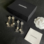 DOUBLE C STUD EARRINGS WITH STAR STONE DOUBLE CHAINS ONE WITH LOGO AND ONE WITH PEARL