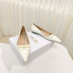 DIOR POINTED BALLET FLATS 25S IN CREAM WHITE GLOSSY LEATHER WITH GOLD HARDWARE