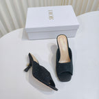 DIOR EMBELLISHED HIGH HEEL SLIDES 25S IN BLACK SATIN AND CALFSKIN