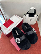 SLIDY VIV' MULES IN BLACK WOOL WITH STRASS BUCKLE