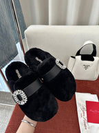 SLIDY VIV' MULES IN BLACK WOOL WITH STRASS BUCKLE