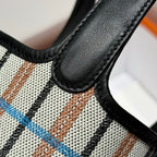 PICOTIN LOCK 18 BAG IN BLACK CALFSKIN ÉCRU/NOIR/FAUVE/NOIR/BLEU ZANZIBAR EMBROIDERY PLAID CANVAS