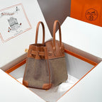 QUADRILLE BIRKIN 30CM IN GOLD SWIFT CALFSKIN AND BLACK/WHITE/BROWN TOILE CANVAS