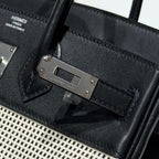 QUADRILLE BIRKIN 25CM IN BLACK SWIFT CALFSKIN WHITE BLACK PLAID TOILE CANVAS