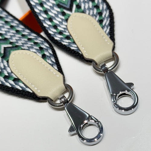 25S HERMES BAG STRAP BLACK AND GREEN PATTERN 85 IN CANVAS SILVER HARDWARE