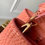 CAPUCINES MINI 21 PINK ORANGE CROCODILE EMBOSSED CALFSKIN GOLD HARDWARE