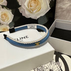 BRIGHT BLUE DENIM FABRIC HAIRBAND WITH PEARL CHAIN 400482