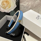 BRIGHT BLUE DENIM FABRIC HAIRBAND WITH PEARL CHAIN 400482