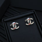 DOUBLE C STUD EARRINGS IN LIGHT GOLD METAL WITH MULTICOLOR CRYSTALS
